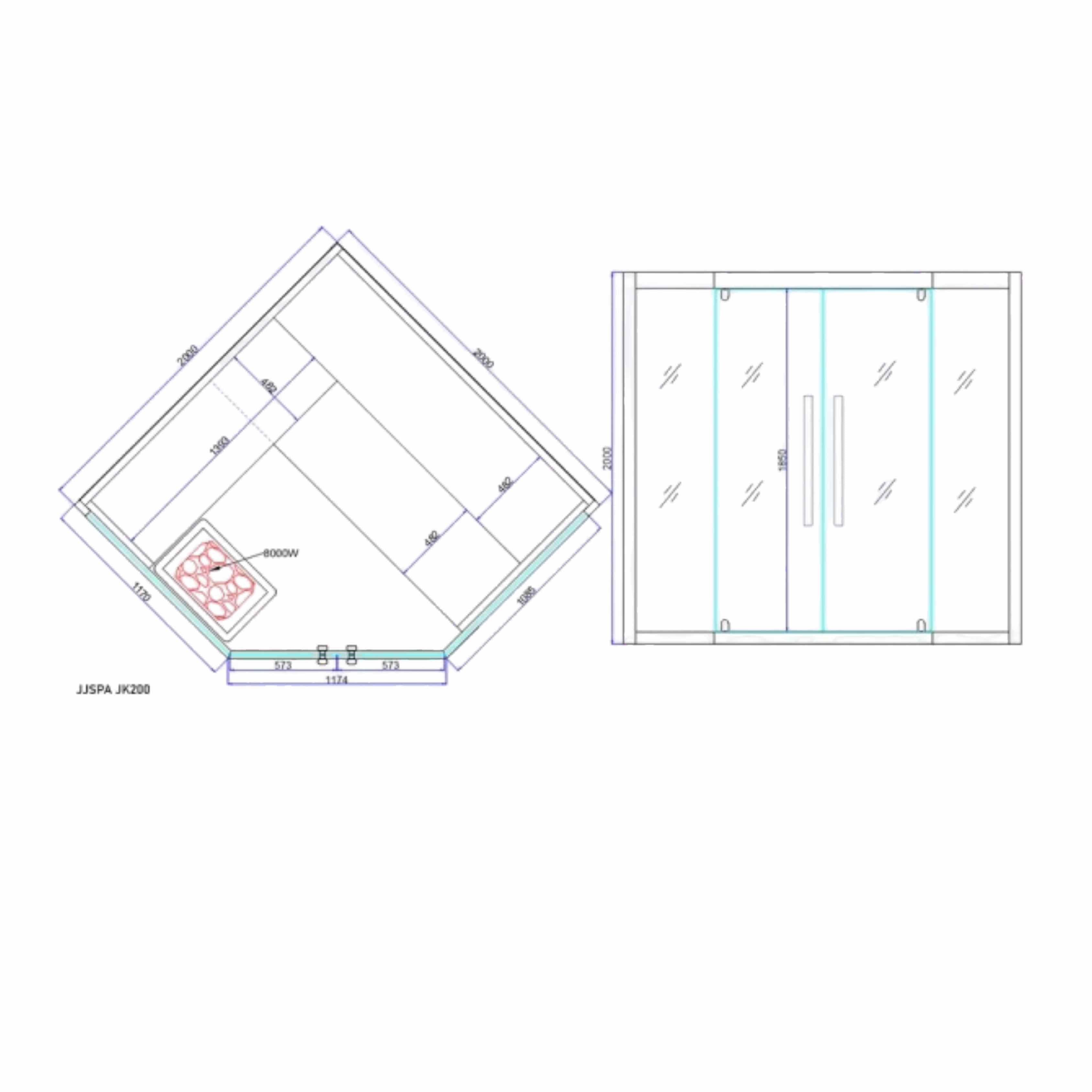 Finnische Sauna Sidora JK200, Eckmodell für 6 Personen, technische Zeichnung